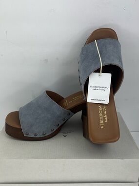 VERDEROSMARIO WOMENS SANDALS, WOODEN HEEL, UPPER LEATHER TEAL COLOR, SIZE 38